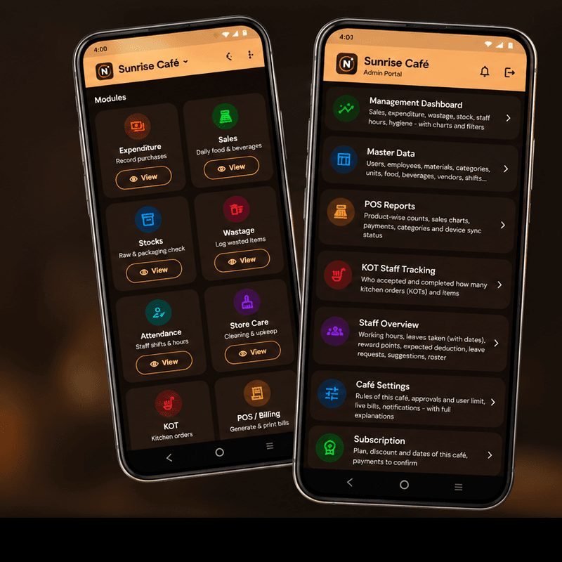 Two Nexa360 mobile application screens showing café operations and the administration portal